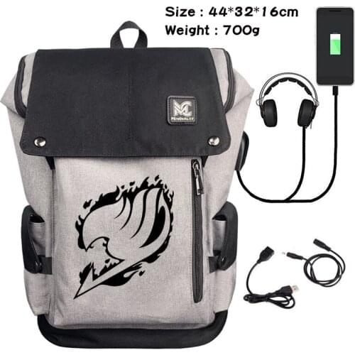 Anime Fairy Tail Cosplay Laptop Travel Rucksack USB Charging Port School Students Bag Canvas Backpack Fashion Outdoor Daily Gift