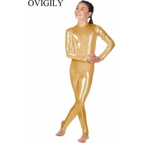 OVIGILY Kids Gold Metallic Mock Neck Dance Unitard Girls Shiny Stretchy Long Sleeve Unitards For Gymnastics Bodysuits Catsuits