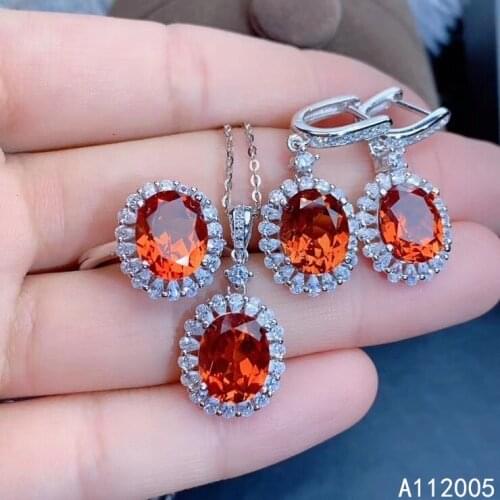 KJJEAXCMY Fine Jewelry 925 sterling silver inlaid natural gemstone garnet female ring pendant earring set lovely supports test