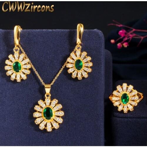 CWWZircons Yellow Gold Color Green Cubic Zircon Flower Drop Pendant Necklace Earring and Rings Women Party Jewelry Sets T412