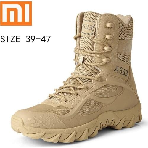 Xiaomi Mens Boots Brand Military Leather Boots Desert Combat Mens Boots Outdoor Breathable Non-Slip Mid-Cut Shoes Size 39-47