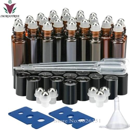 24pcs 10ml Empty Amber Glass Essential oil Roll On Bottle Vials with stainless steel metal roller ball for perfume aromatherapy