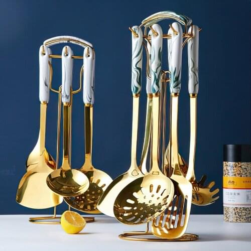 Stainless Steel Cooking Tool Set Ceramic Marbling Handle Eco Spatula Rice Scoop Tableware Kitchen Utensils Household Supplies