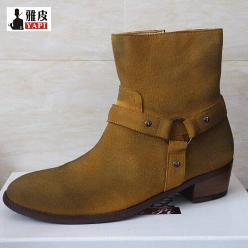 Clearance sale !! Genuine Leather Buckle Belt Chelsea Boots Men Trendy Pointed Toe Zip Ankle Boots Cowboy Casual Boots
