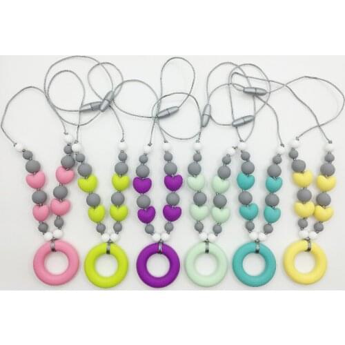 New Fashion Mommy silicone Teething Necklace with heart beads and Round pendant
