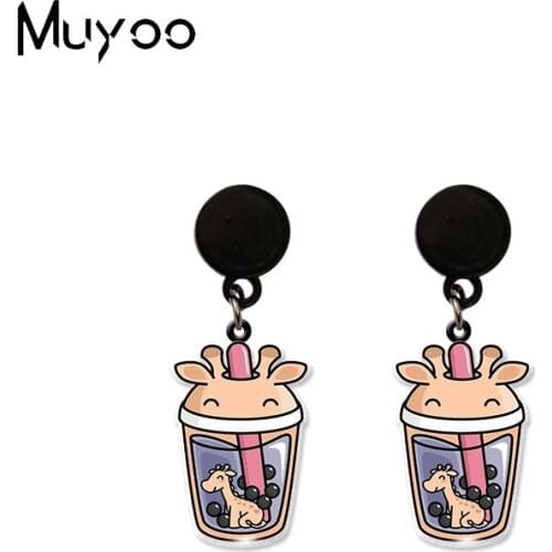 New Kawaii Giraffe in the Tea Milk Bottles Cosplay Acrylic Epoxy Print Resin Dangles Handcraft Acrylic Drop Earrings