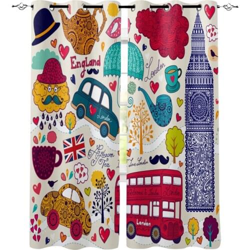 Art London Window Curtains Cartoon Living Room Kitchen Curtains for Bedroom Left and Right Biparting Open Curtains