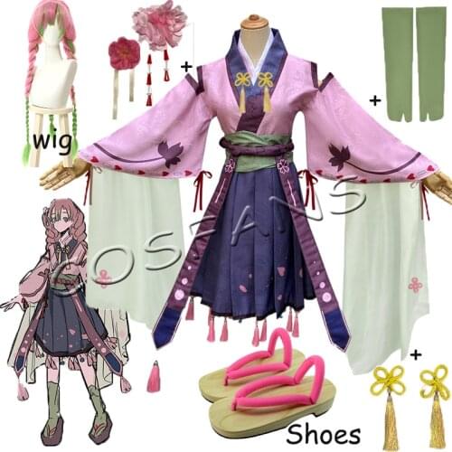 Anime Demon Slayer Kanroji Mitsuri Cosplay Costume Woman Dress Outfits Japanese Kimono Dress Halloween cosplay costume wig shoes
