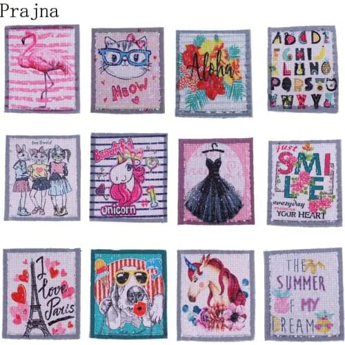 Prajna New Cat Unicorn Flamingo Bird Patch Heart Sequin Sew On Patch Sewing Embroidery Patches For Kid Clothes Parches Christmas