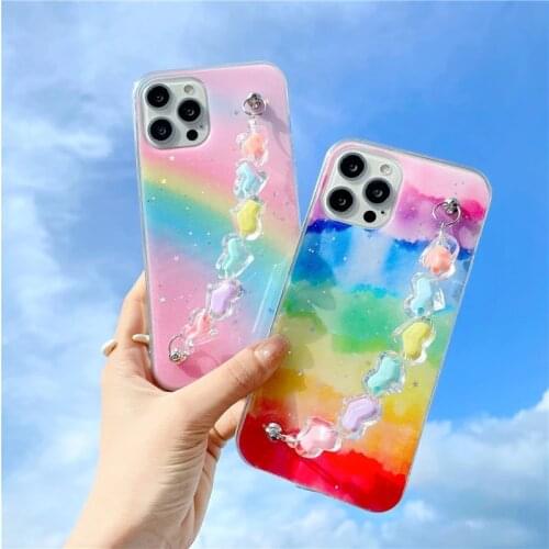 Rainbow glitter love heart bracelet Cover for iphone 11 12 Pro Max MiNi X XS XR 6S 7 8 plus SE 2020 Bumper Soft Phone Chain case