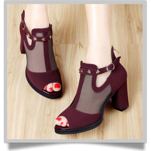 Ladies Shoes Rivet Mesh Women Pumps High Thick Black Heels Zipper Open Toe Casual Party Wedding Platform Chunky Sandal