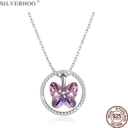SILVERHOO 925 Sterling Silver Fashion Pink Butterfly Crystal Pendant Necklace Removable Chains Three Wearing Manners Jewelry