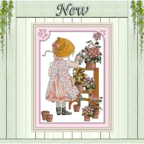 The watering girl flowers paintings counted printed on canvas DMC 11CT 14CT kits chinese Cross Stitch embroidery needlework Sets