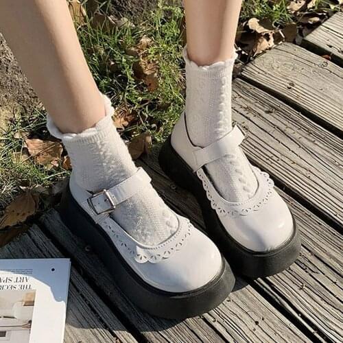 Lolita Shoes Lace Mary Janes Shoes Round Toe Platform Leather Shoes Women Oxford Shoes Black Girls Student Thick Sole 9202L