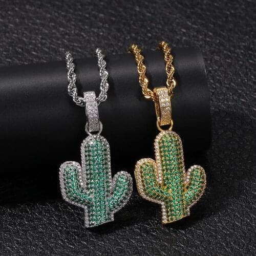 Hip Hop Micro Pave Green AAA Cubic Zirconia Bling Ice Out Plant Cactus Pendants Necklaces for Men Rapper Jewelry