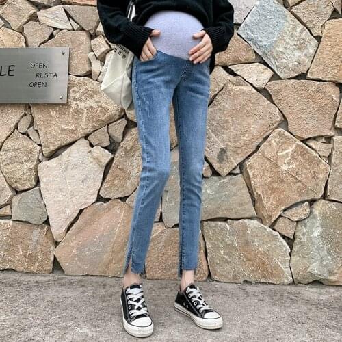 6035# Maternity pants Spring Autumn Maternity Jeans Belly Support Pants Elastic Waist Split Maternity Trousers