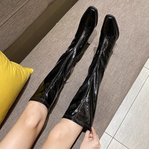 Womens motorcycle boots fashion square toe knee high boots autumn and winter warm patent leather high heel boots shoes