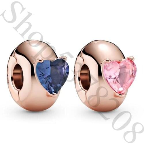 Real 925 Sterling Silver Bead Pink Blue Heart Solitaire Clip Charm Fit Fashion Women Pandora Bracelet Bangle Gift DIY Jewelry