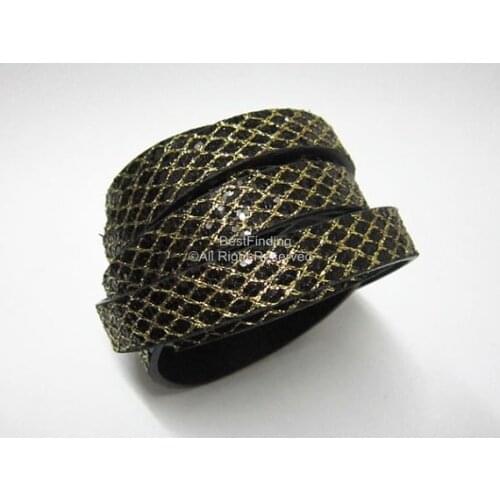 10x2mm Black Glitter Gold stripe leather cord 10mm Flat PU Leather Cord