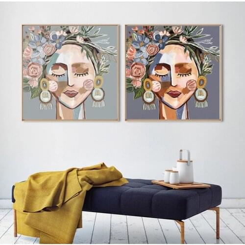 Abstract Girl with Flower Headdress Canvas Paintings Modern Posters and Prints Creative Wall Pictures for Living Room Home Decor