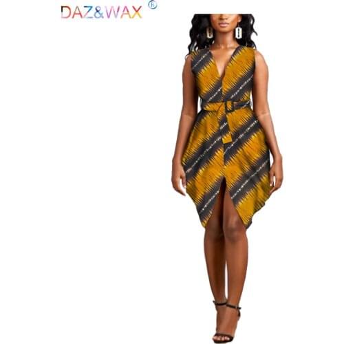 Africa Clothes for Women Africa Ankara Print Sleeveless V-Neck Skirt Cotton Wax Fabric Dress