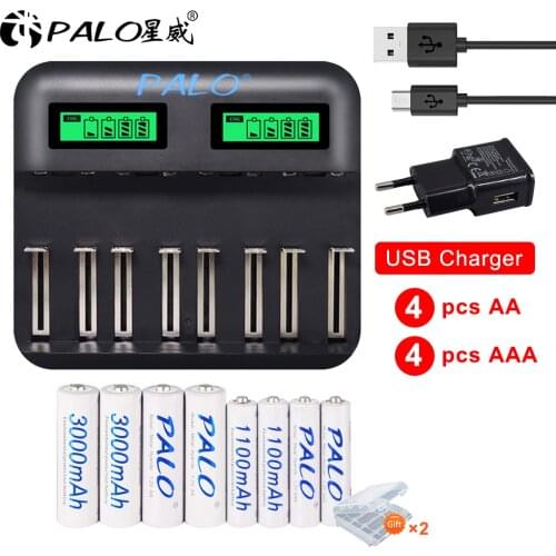 PALO 1.2V AA + AAA rechargeable batteries with LCD USB smart fast charger for 1.2v AA AAA C D size rechargeable battery