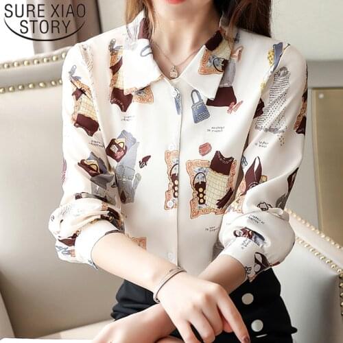 Women Blouses And Tops 2021 Blusas Mujer Chiffon Blouse Print Button Long Sleeve Shirts For Women Tops V-Neck Harajuku 7129 50