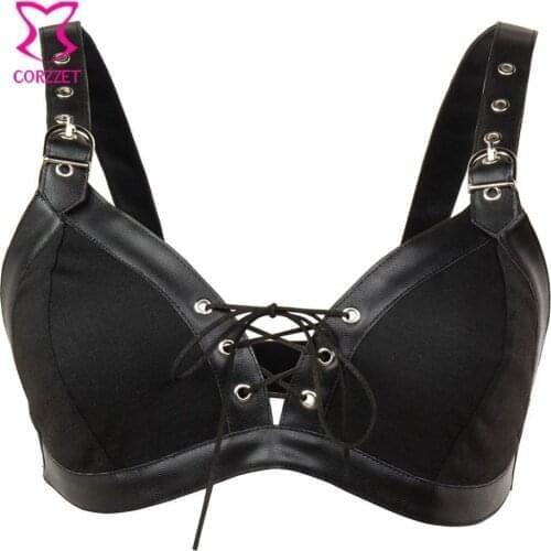 Steampunk Black Leather & Cotton Lace Up Bralette Top Sexy Push Up Bras For Women Gothic Plus Size Bra Ladies Wireless Lingerie