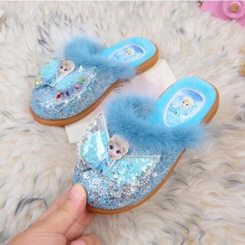 Disney childrens cartoon frozen princess non-slip soft-soled slippers girl plus velvet thick warm cotton shoes home shoes