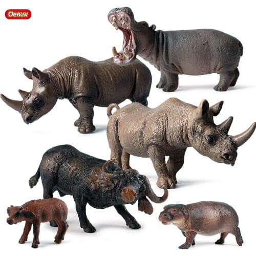 Oenux Original African Wild Animals Model Action Figures Classic Rhinoceros Hippo Buffalo PVC Lifelike Collection Kid Toy Gift