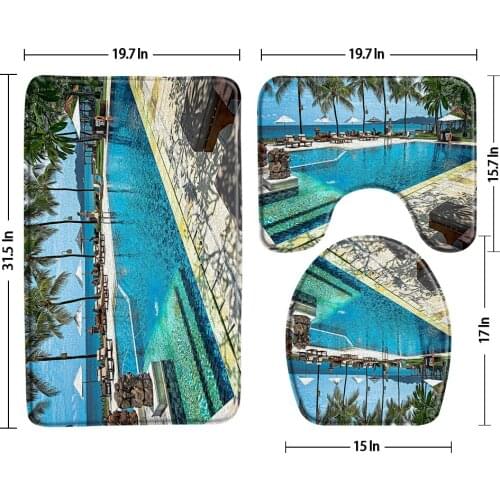 Blue Ocean Pond Bath Mat Scenery Bathroom 3-Piece Set Carpet U-Shaped Pad Toilet Seat Cover Water Absorption Rugs Bathroom Decor