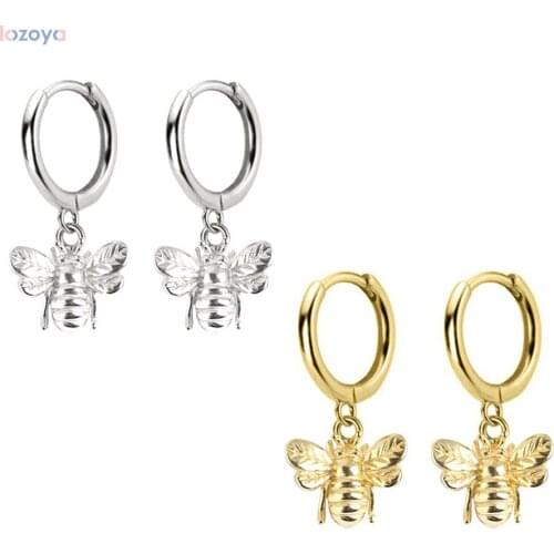 LOZOYA 925 Sterling Silver Gold Charm Women Pendientes Abei Bee Abel Gold Drop Earring 21mm Animal Fashionable Jewelry