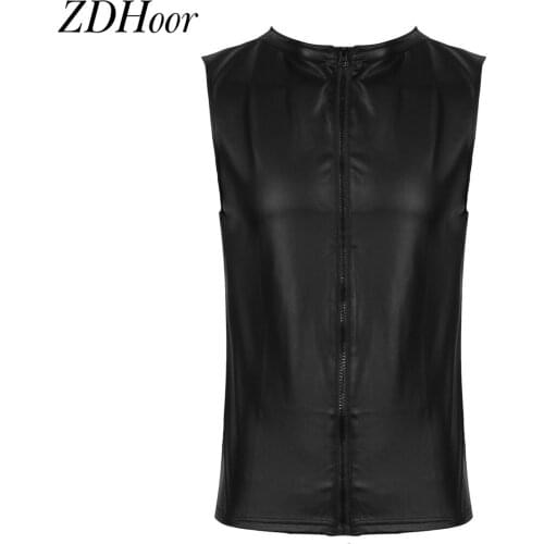 Sexy Mens Fashion Faux Leather Undershirt Tank Tops Vest Sleeveless Front Zippered Waistcoat Undershirt Crop Top Nightclub Wear