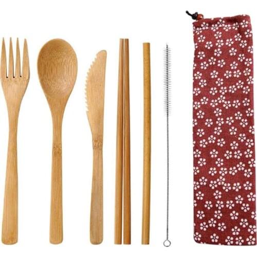 Reusable Cutlery Travel Set Wooden Flatware Cutlery Set Bamboo Straw Dinnerware Set With Cloth Bag Knives Fork Spoon Travel