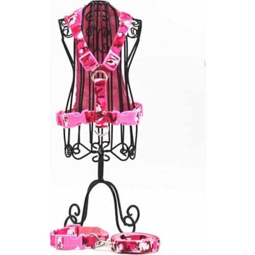 Fashion Pink Camo Pattern Dog Harness And Leash And Collar Nylon Soft Pet Dog Harness Matching Collar Leash Adjustable S L