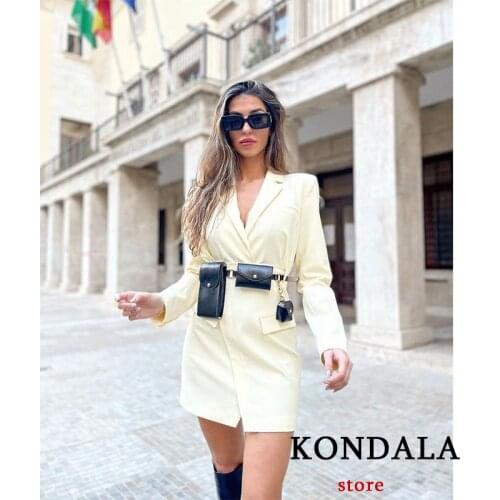 KONDALA Fashion Womens Suit Dress Office Ldies Apricot Solid Long Sleeve Vintage Slim Mini Dress Female V-Neck Mujer Vestidos