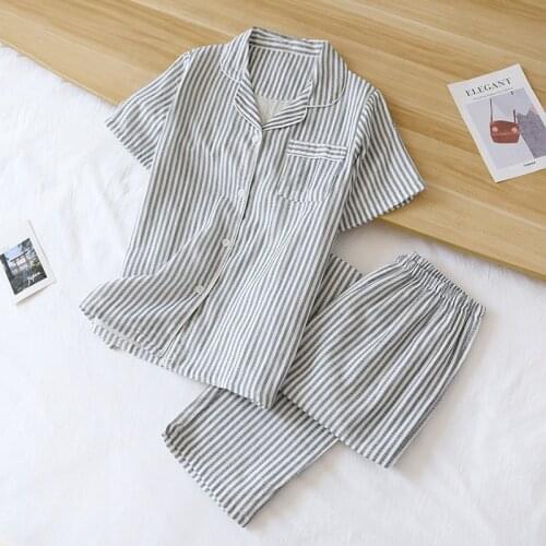 Couple Striped Gauze Pijamas Short-sleeved Trouser Cotton Pajamas Spring Women and Men Sleepwear 2 Piece Lounge Wear Home Set
