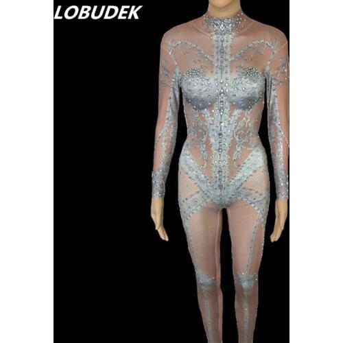 Sexy Skin Color Silver Rhinestones Jumpsuit Women Dance Team Pole Dancing Costume Bar DJ Singer Stage Wear Performance Costume