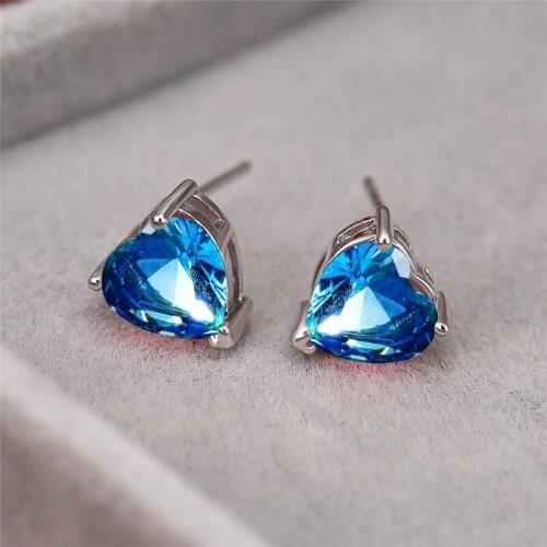 8MM Heart Stone Stud Earrings For Women Wedding Jewelry Female Cute Rainbow Crystal Zircon Vintage Fashion Silver Color Earrings