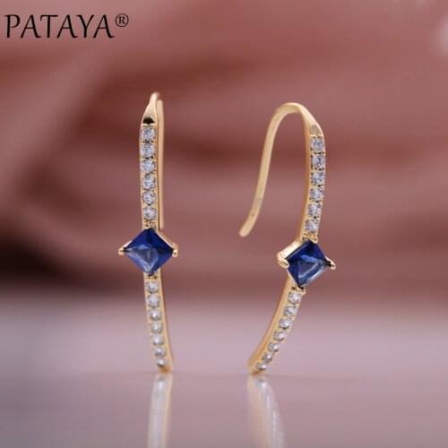 PATAYA New Square Blue Natural Zircon Long Earrings 585 Rose Gold Creative Bridal Dangle Earrings Women Wedding Fashion Jewelry