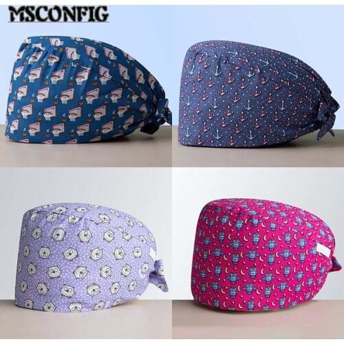 Fine Cotton Cartoon Print Ladies Nurse Cap Doctor Surgery Cap Pet Hospital Surgeon Cap Dentist Cap Beauty Salon Chef Scrub Cap
