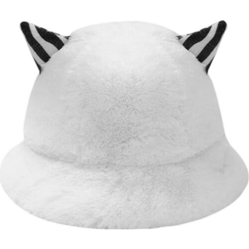 Cute Cat Ears Plush Basin Hat Fisherman Autumn Winter Bucket Plush Fisherman Cap Hipster Wide Brim Outdoor Trend