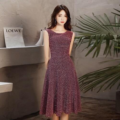 Special Occasion Dress Vintage O-Neck Sleeveless Luxury Burgundy Knee-Length A-Line Sequined Zipper Elegant Lady Prom Gown E1017