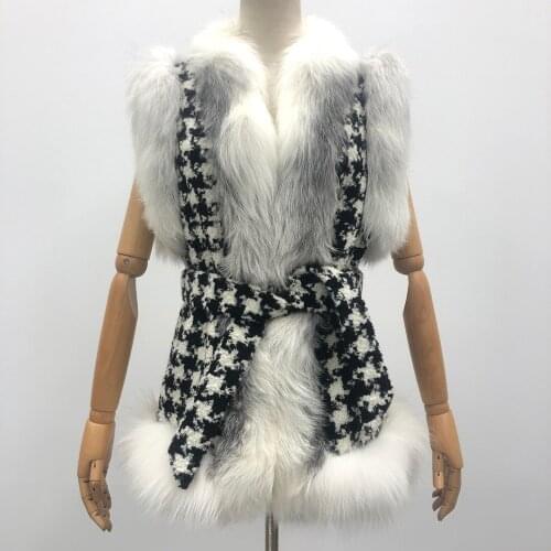 High Quality Real Cashmere Women Fur Vest Wholesale Luxury Furry Sleeveless Houndstooth Wool Coats