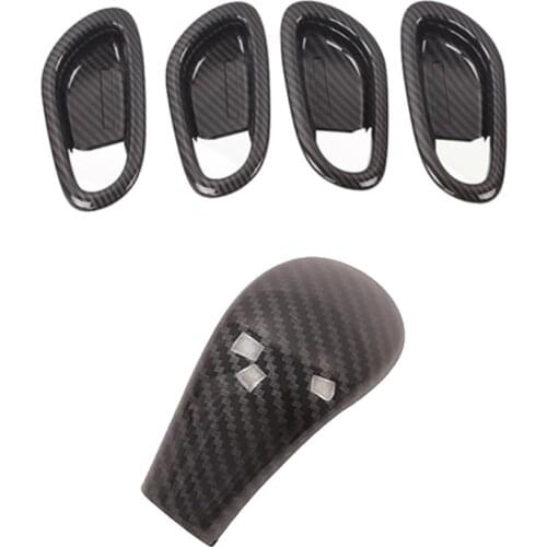 For Nissan Navara NP300 2016-2019 Car Inner Door Handle Bowl Protector Frame & Carbon Fibre Gear Shift Knob Head Cover