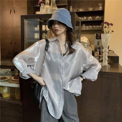 2021 Korean version of loose temperament all-match long-sleeved shirt fashionable bright silk sunscreen blouse