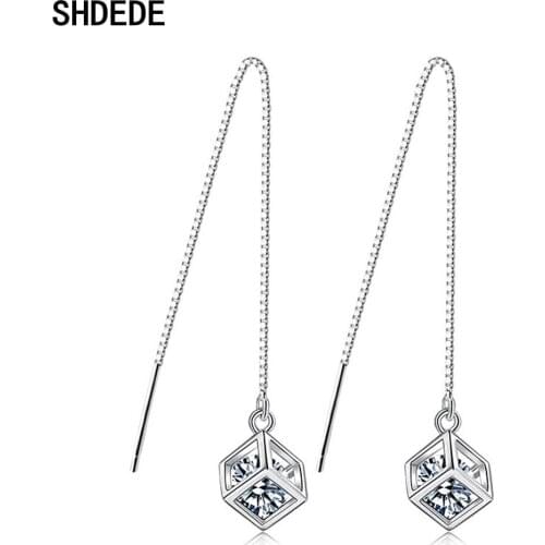 SHDEDE Long Chain Earing Jewellery Women 925 Silver Fashion Drop Earrings Embellished With Crystals From Swarovski Square -WH40