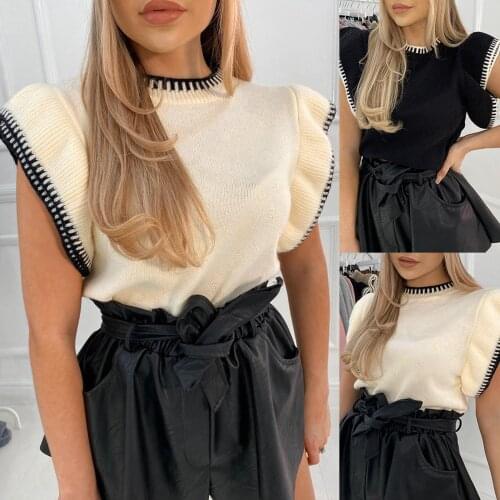 New Stylish Autumn Women Short Sleeve Frill Ruched Basic Cotton Knitted Sweater Pullover O Neck Jumpers Tops