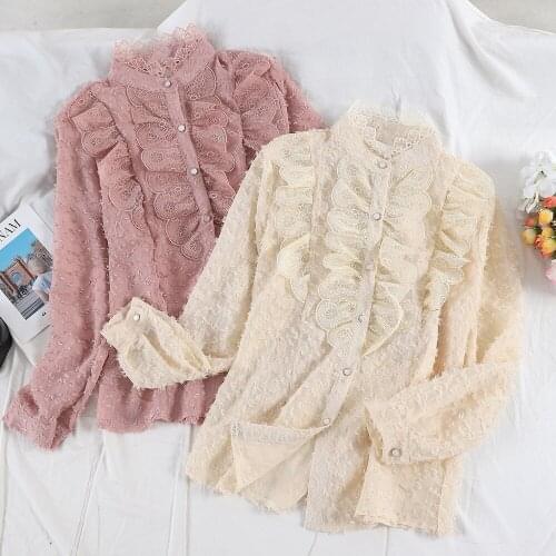 Sweet Women Long Sleeve Stand Collar Lace Flower Button Basic Cardigan Shirt Vintage Female Loose High Waist Ruffles Blouse Tops