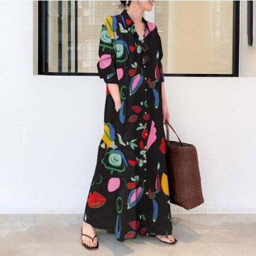 Long Shirt Dress For Women 2021 Fall Cotton And Linen Print Lapel Long Sleeve Dress Loose Casual Cardigan Long Dress Femme Robe